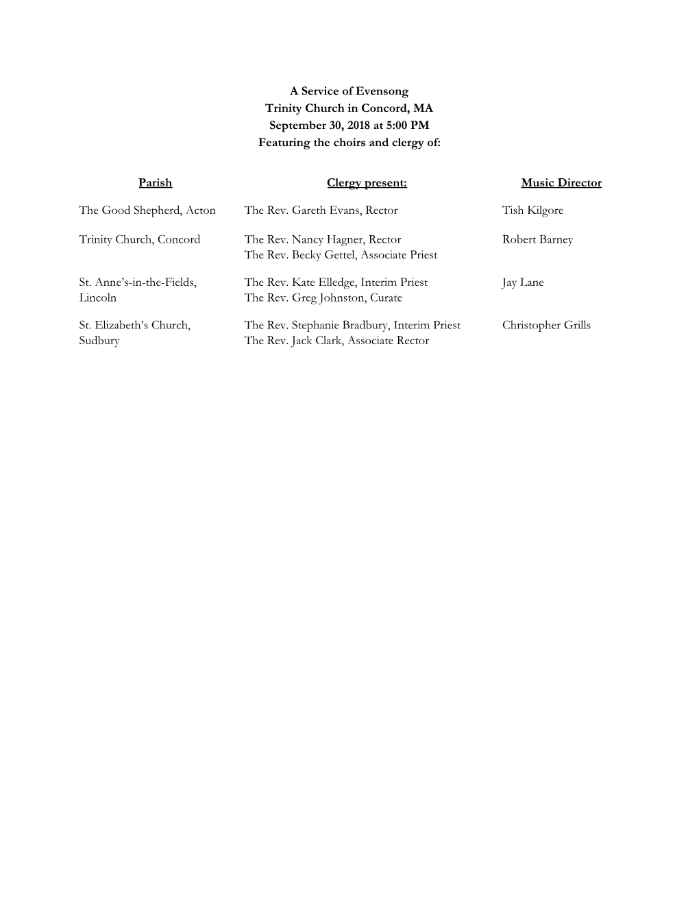 A Service of Evensong Trinity Church in Concord, MA September 30, 2018 at 5:00 PM Featuring the Choirs and Clergy Of