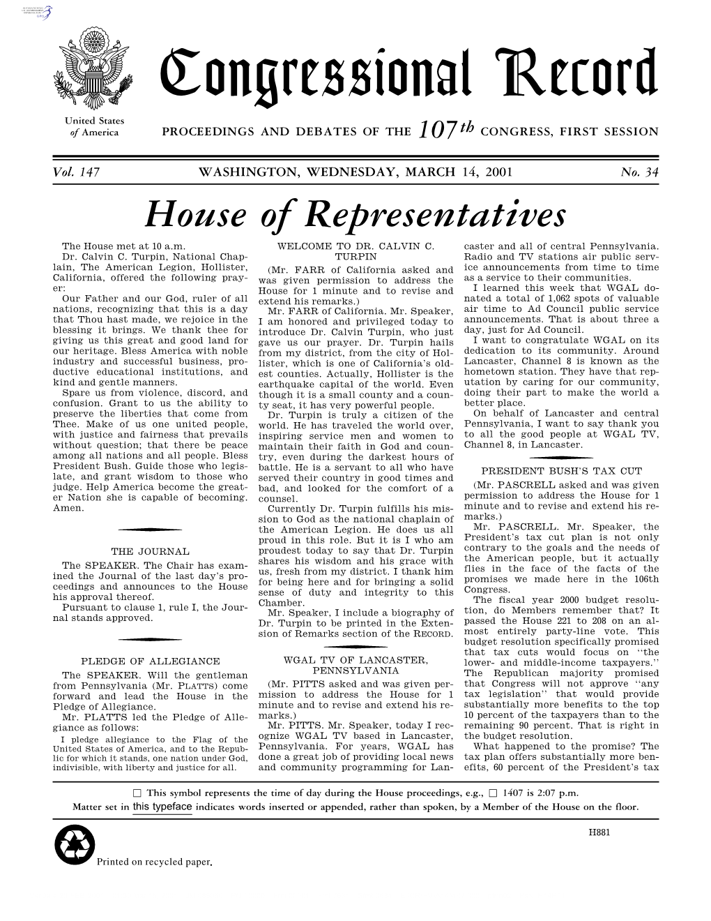 Congressional Record United States of America PROCEEDINGS and DEBATES of the 107Th CONGRESS, FIRST SESSION