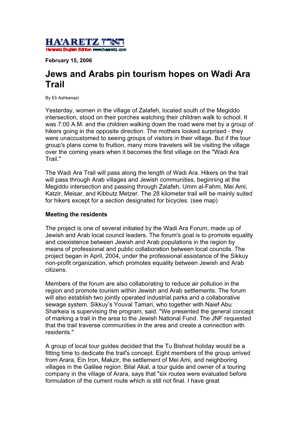 Jews and Arabs Pin Tourism Hopes on Wadi Ara Trail