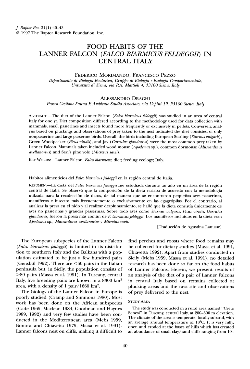 FOOD HABITS of the LANNER FALCON &Lpar;&lt;I&gt;FALCO BIARMICUS FELDEGGII&lt;/I&gt;&Rpar; in CENTRAL ITALY