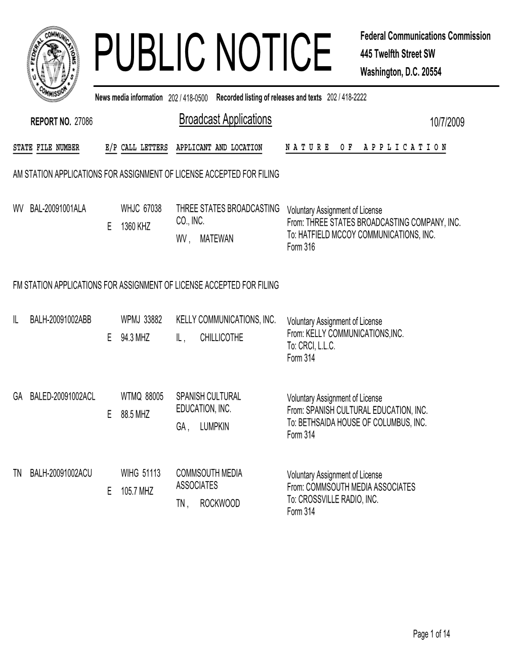 Broadcast Applications 10/7/2009