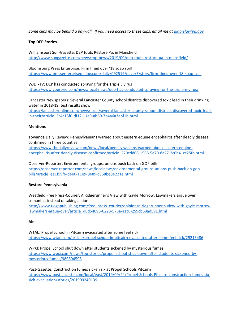 Some Clips May Be Behind a Paywall. If You Need Access to These Clips, Email Me at Djagiela@Pa.Gov. Top DEP Stories Williamsp