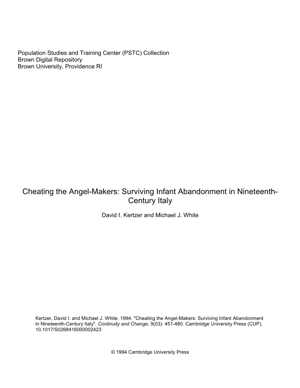 Cheating the Angel-Makers: Surviving Infant Abandonment in Nineteenth- Century Italy