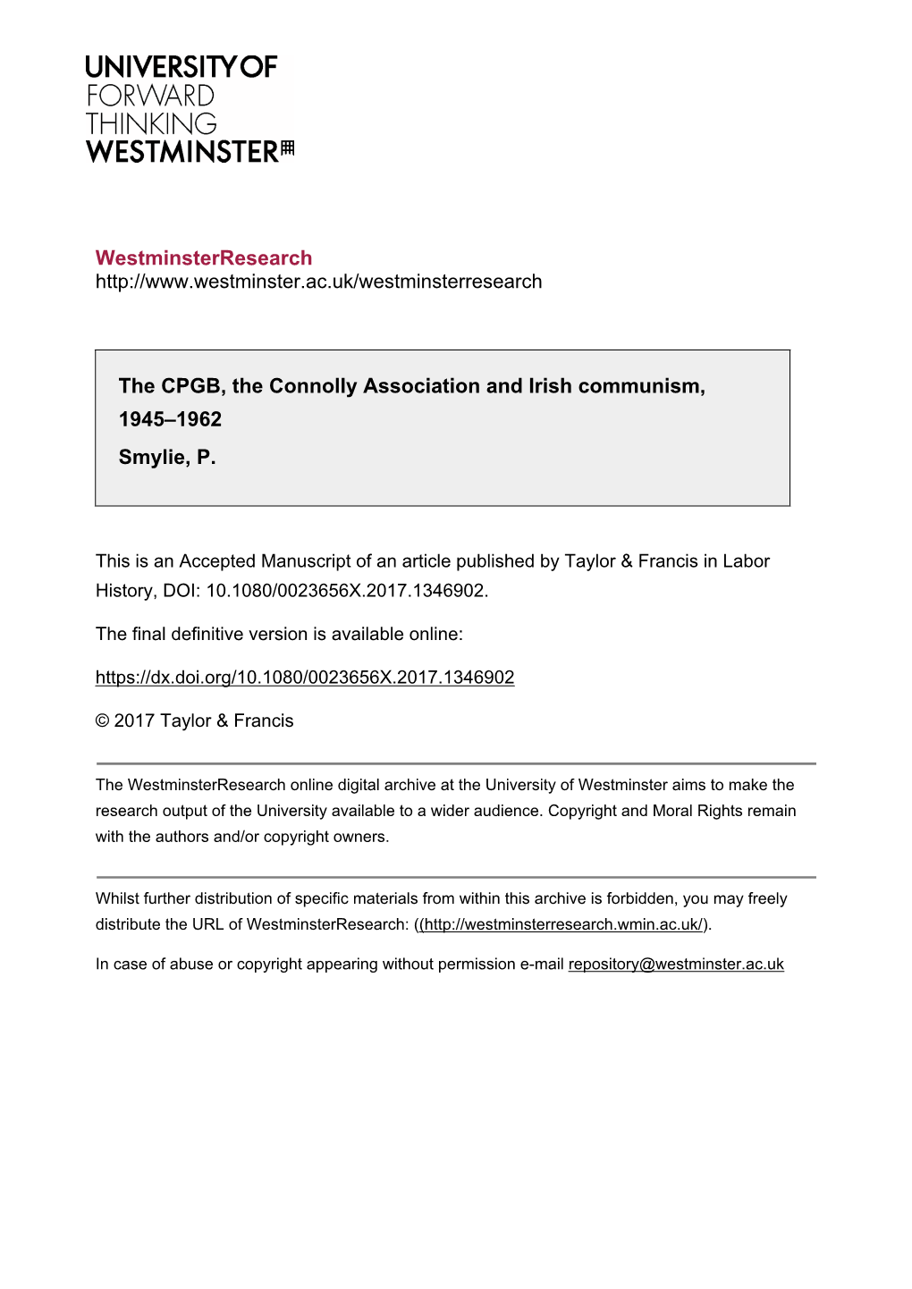 Westminsterresearch the CPGB, the Connolly Association and Irish