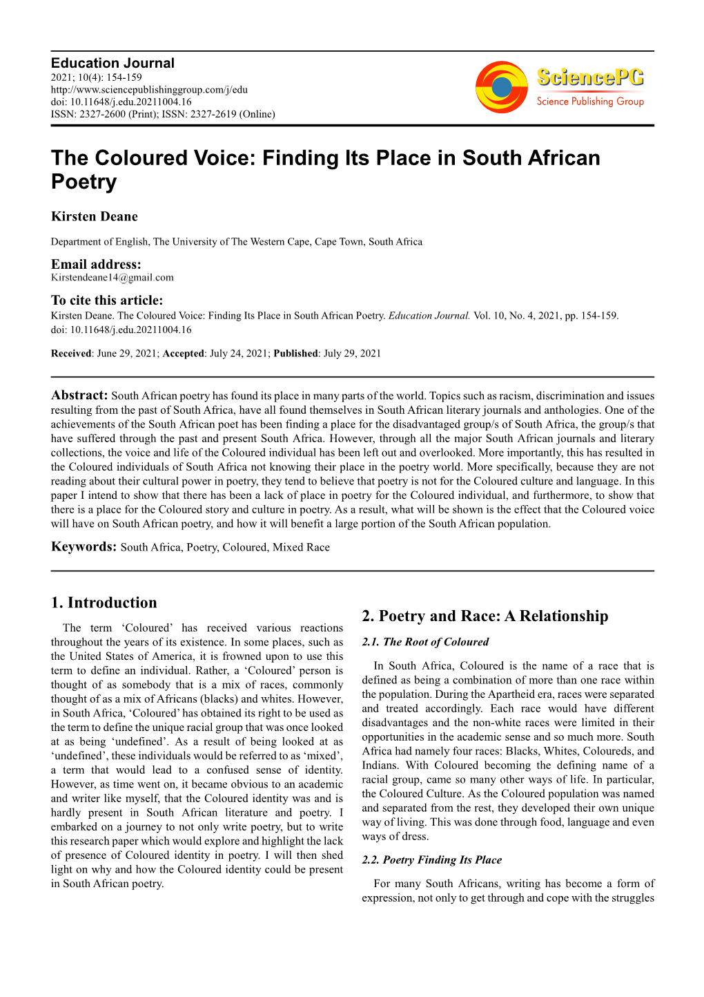 The Coloured Voice: Finding Its Place in South African Poetry