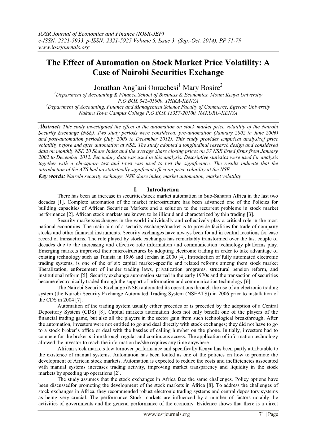 The Effect of Automation on Stock Market Price Volatility: a Case of Nairobi Securities Exchange