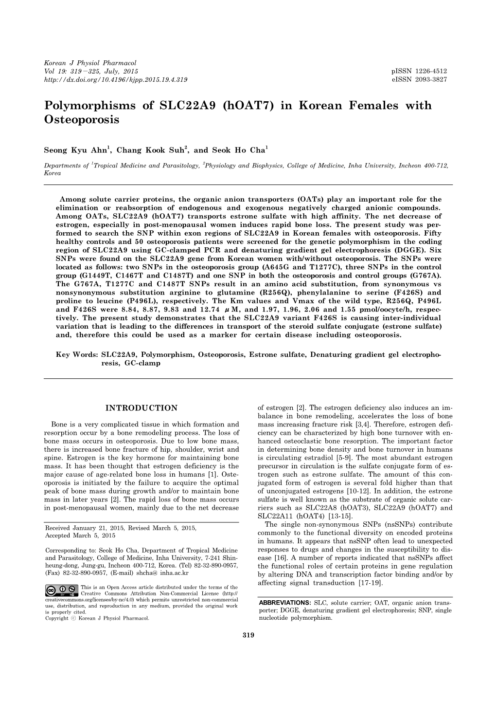 Polymorphisms of SLC22A9 (Hoat7) in Korean Females with Osteoporosis