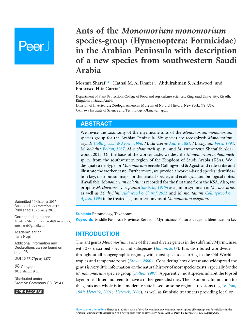 Ants of the Monomorium Monomorium Species-Group (Hymenoptera: Formicidae) in the Arabian Peninsula with Description of a New Species from Southwestern Saudi Arabia