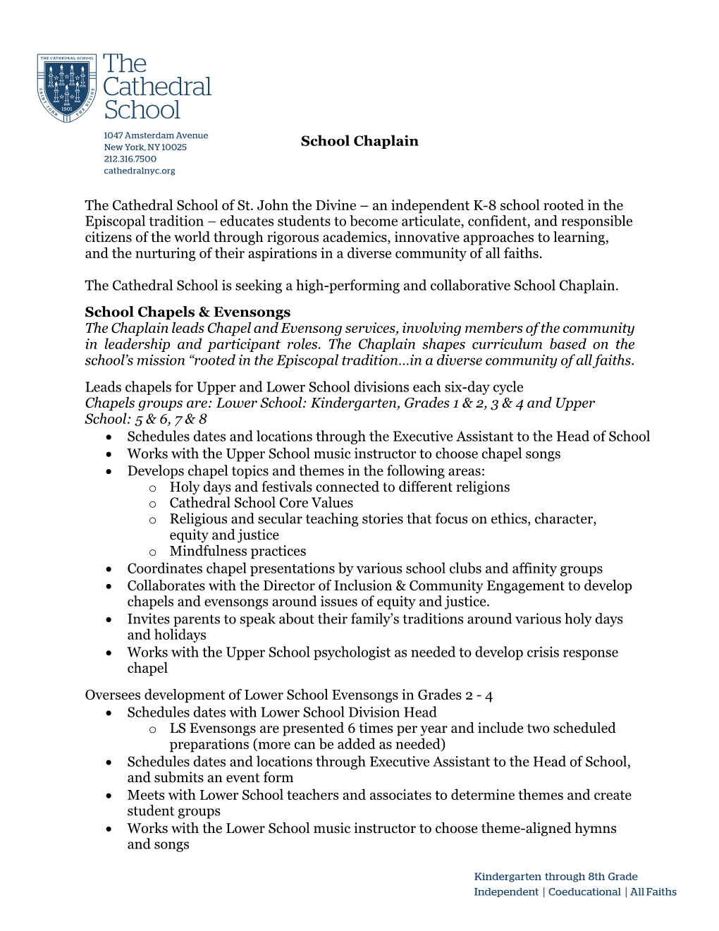 School Chaplain the Cathedral School of St. John the Divine – An