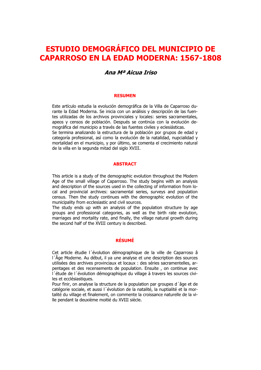 Estudio Demográfico Del Municipio De Caparroso En La Edad Moderna: 1567-1808