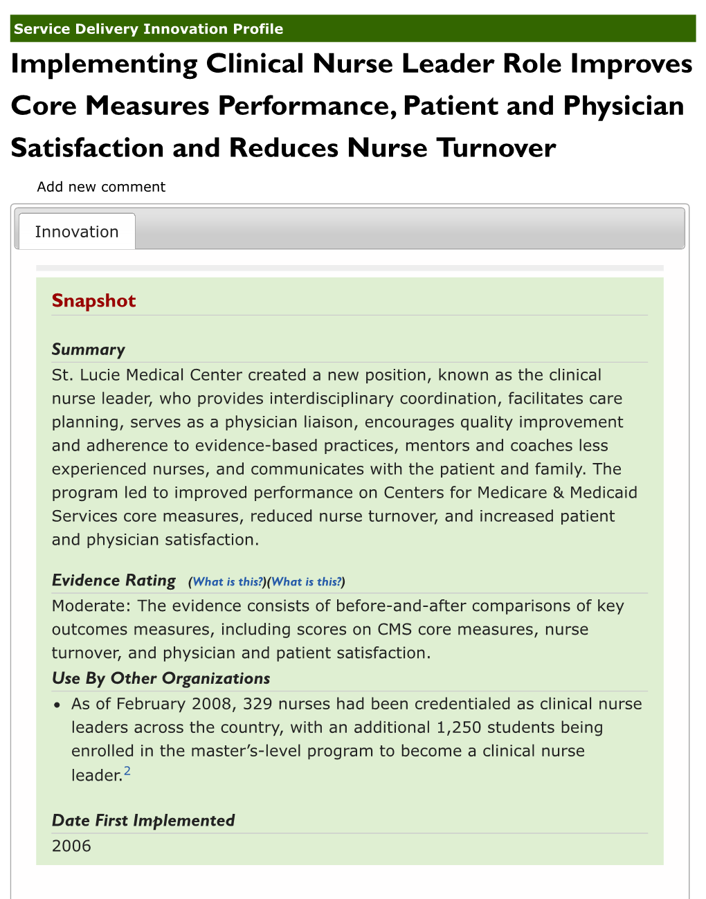 Implementing Clinical Nurse Leader Role Improves Core Measures Performance, Patient and Physician Satisfaction and Reduces Nurse Turnover