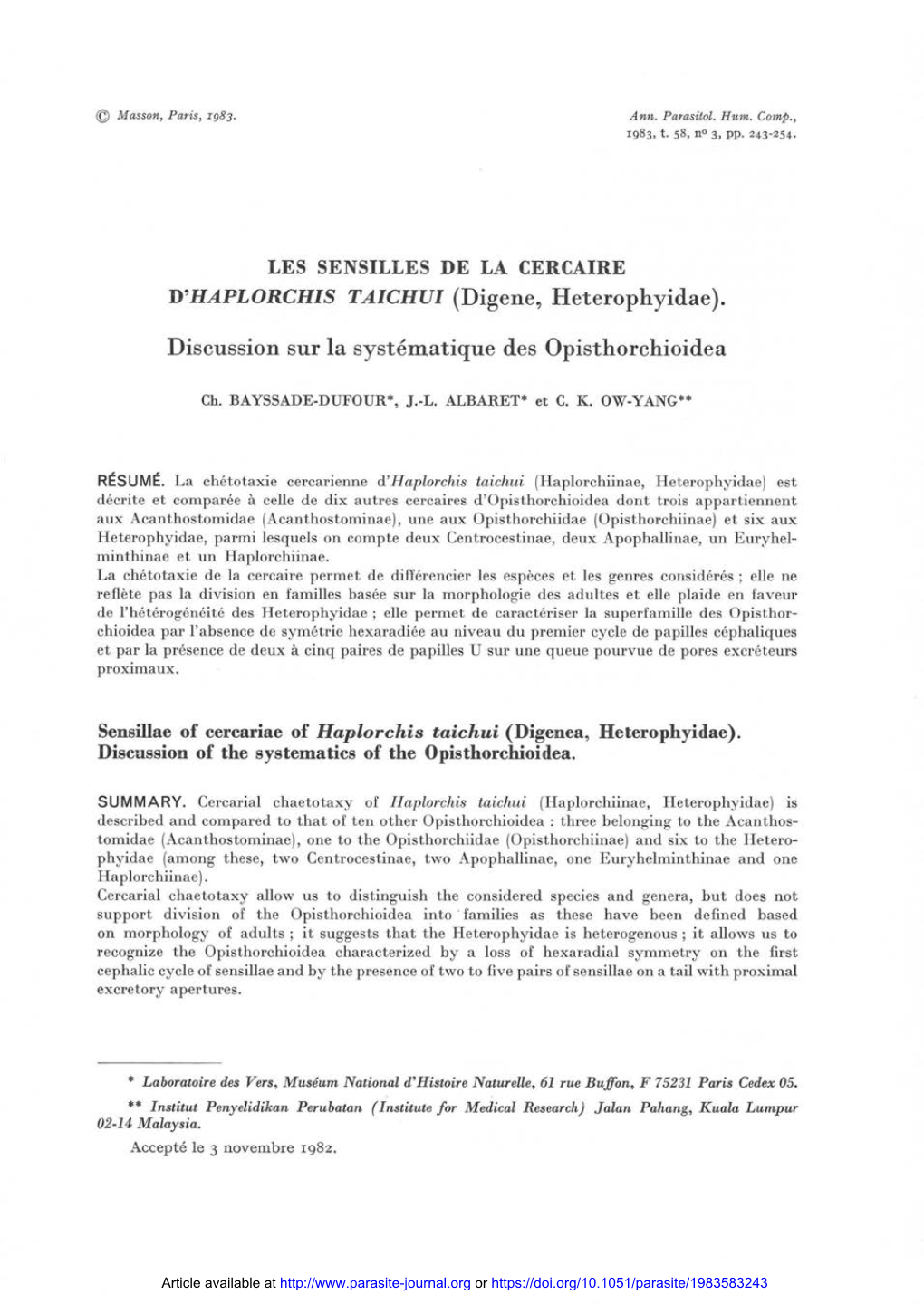 LES SENSILLES DE LA CERCAIRE D'haplorchis TAICHUI (Digene, Heterophyidae)