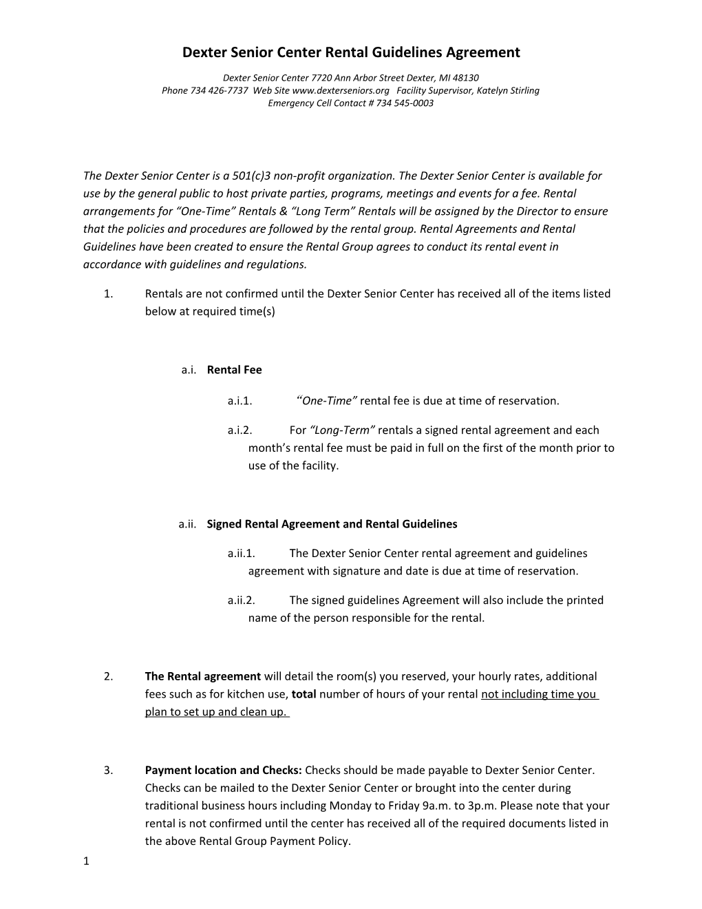 Dexter Senior Center Rental Guidelines Agreement