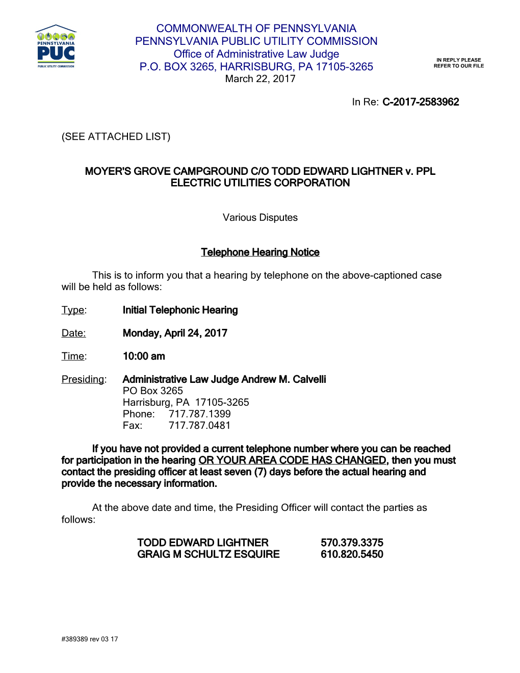 Harrisburg Telephone Notice