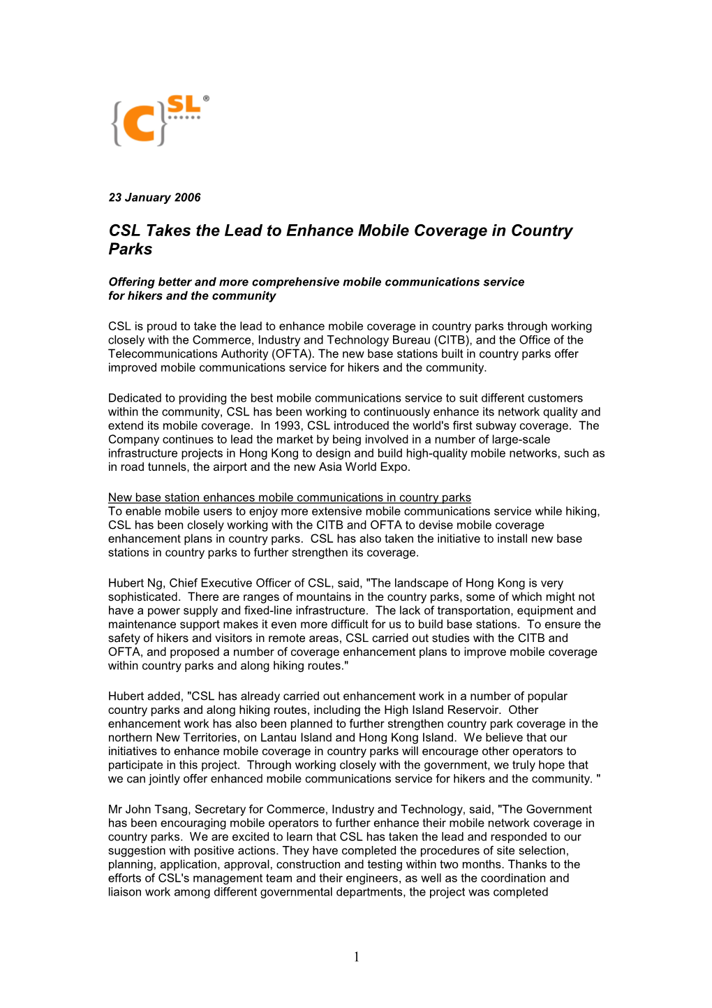 CSL Takes the Lead to Enhance Mobile Coverage in Country Parks