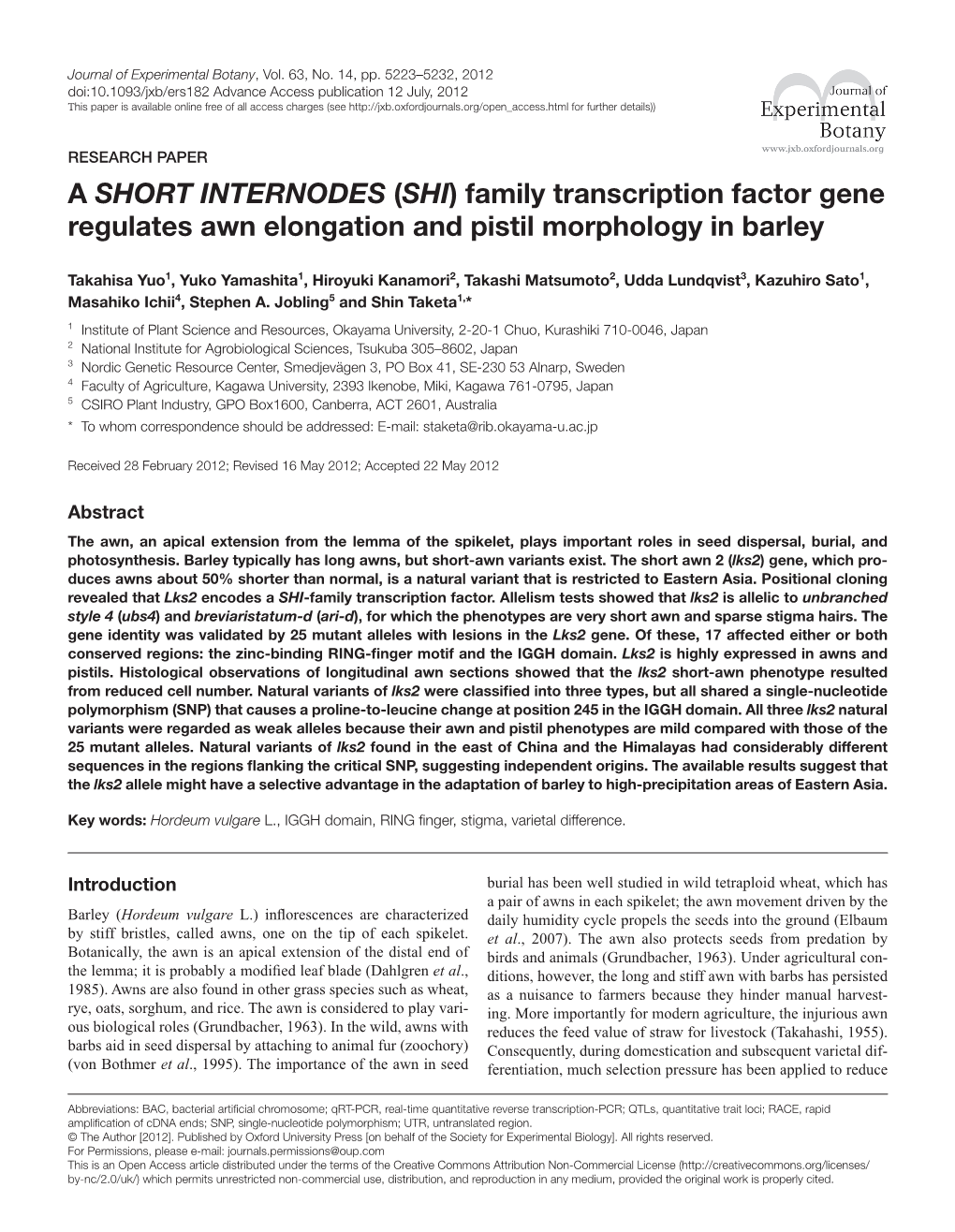 (SHI) Family Transcription Factor Gene Regulates Awn Elongation and Pistil