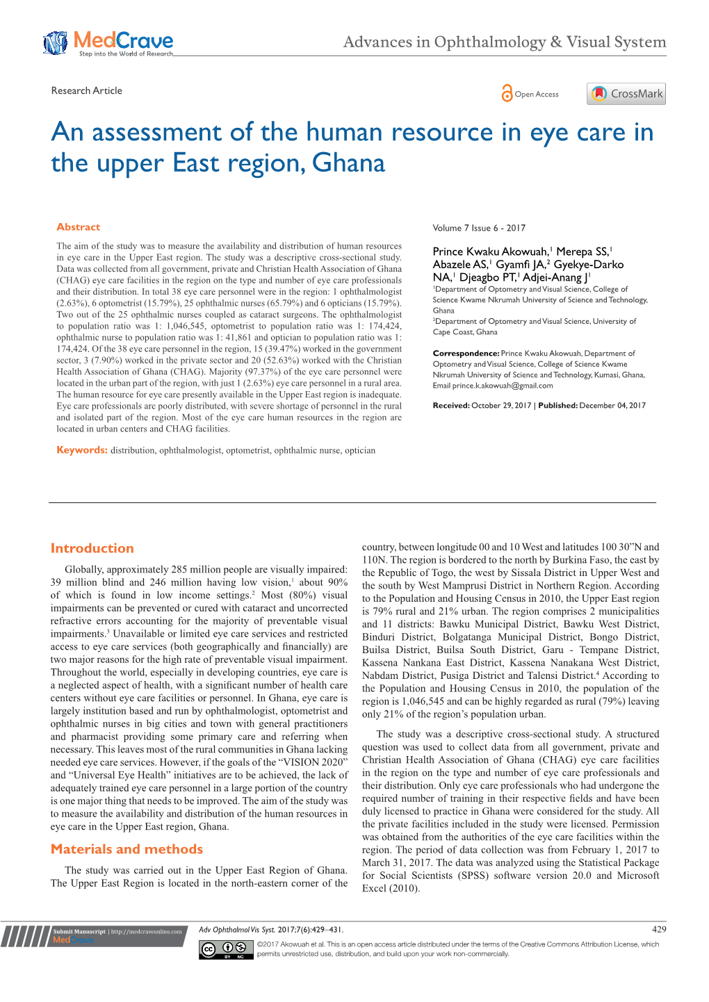 An Assessment of the Human Resource in Eye Care in the Upper East Region, Ghana