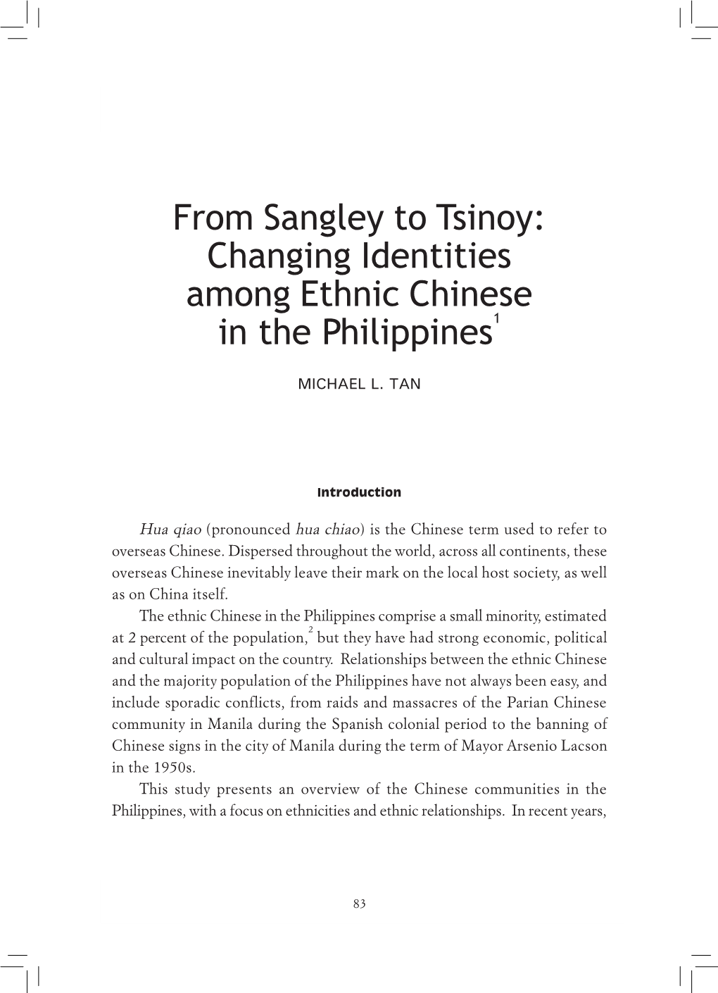 From Sangley to Tsinoy: Changing Identities Among Ethnic Chinese In