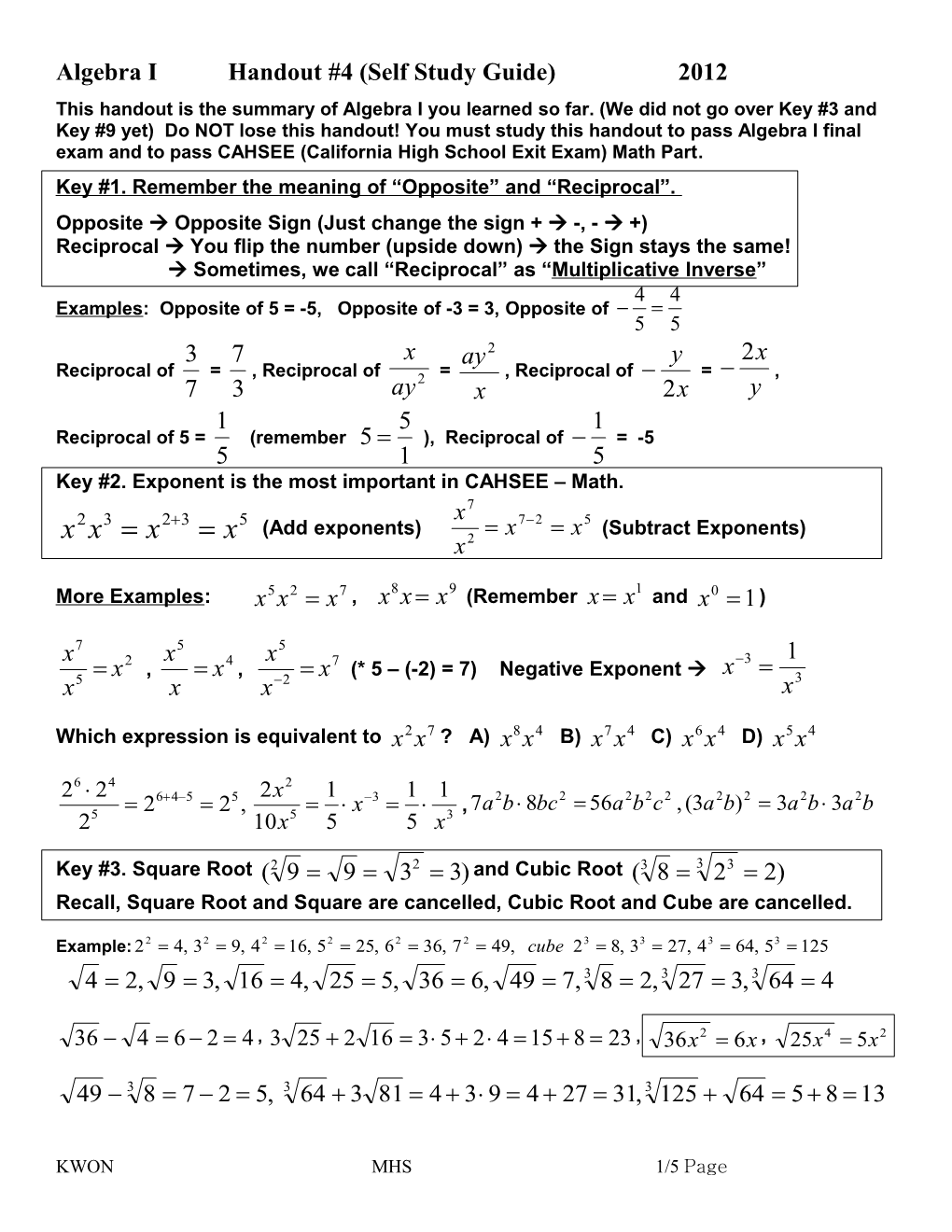 Algebra I Handout #4 (Self Study Guide) 2012