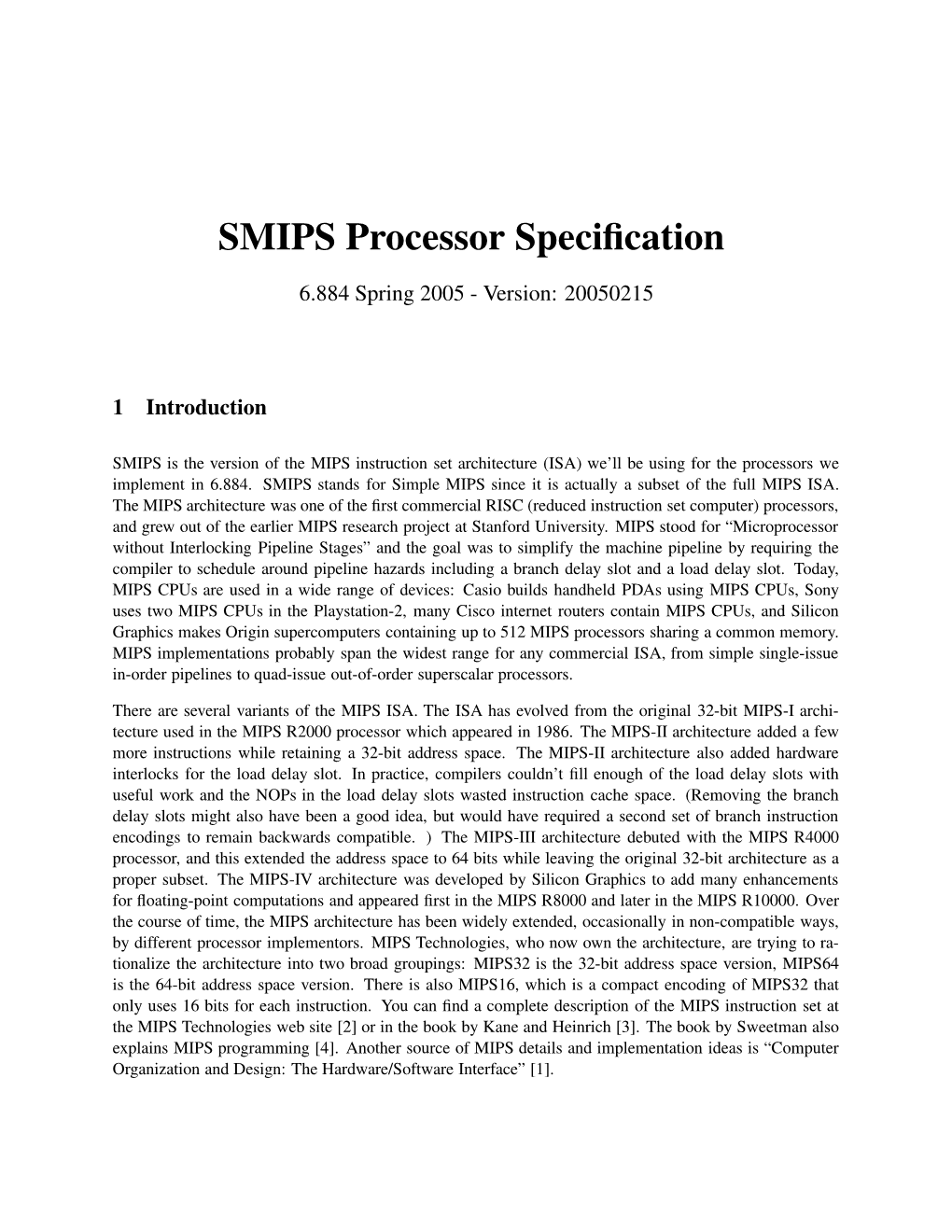 SMIPS Processor Specification