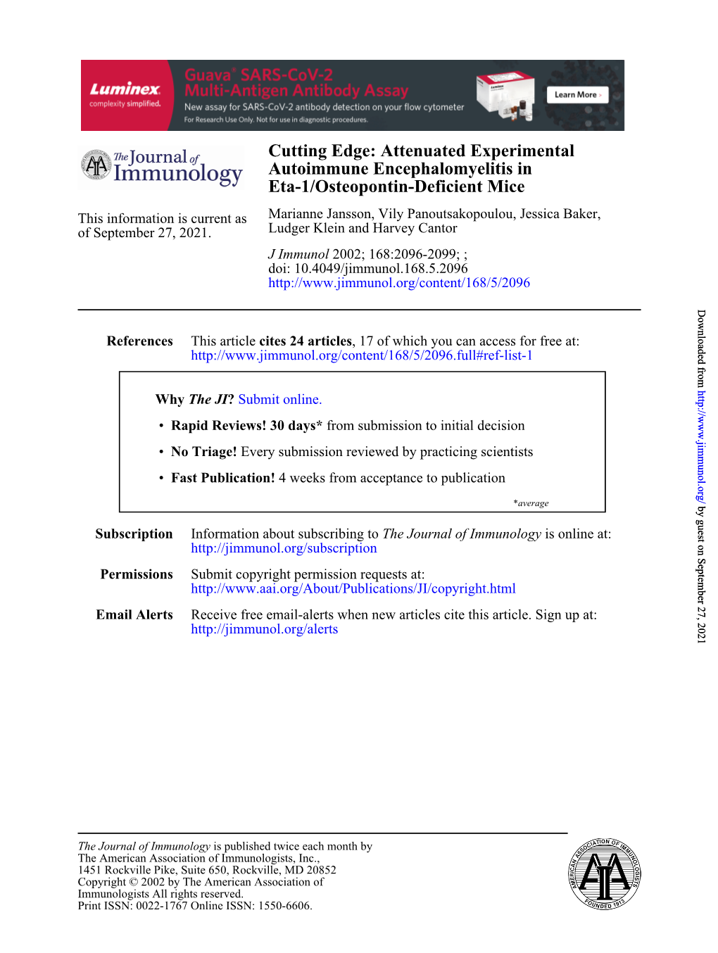 Eta-1/Osteopontin-Deficient Mice Autoimmune Encephalomyelitis In