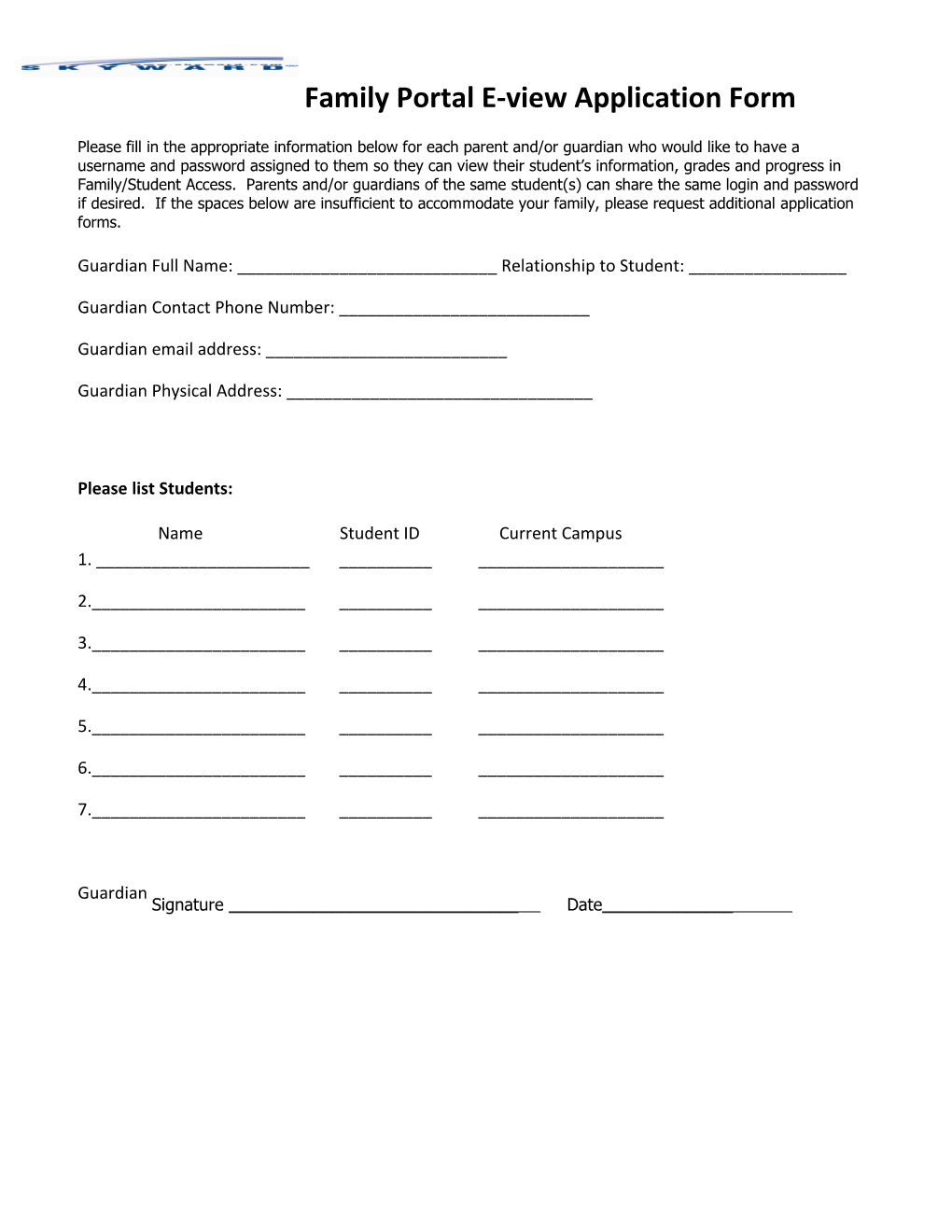 Family Portal E-View Application Form