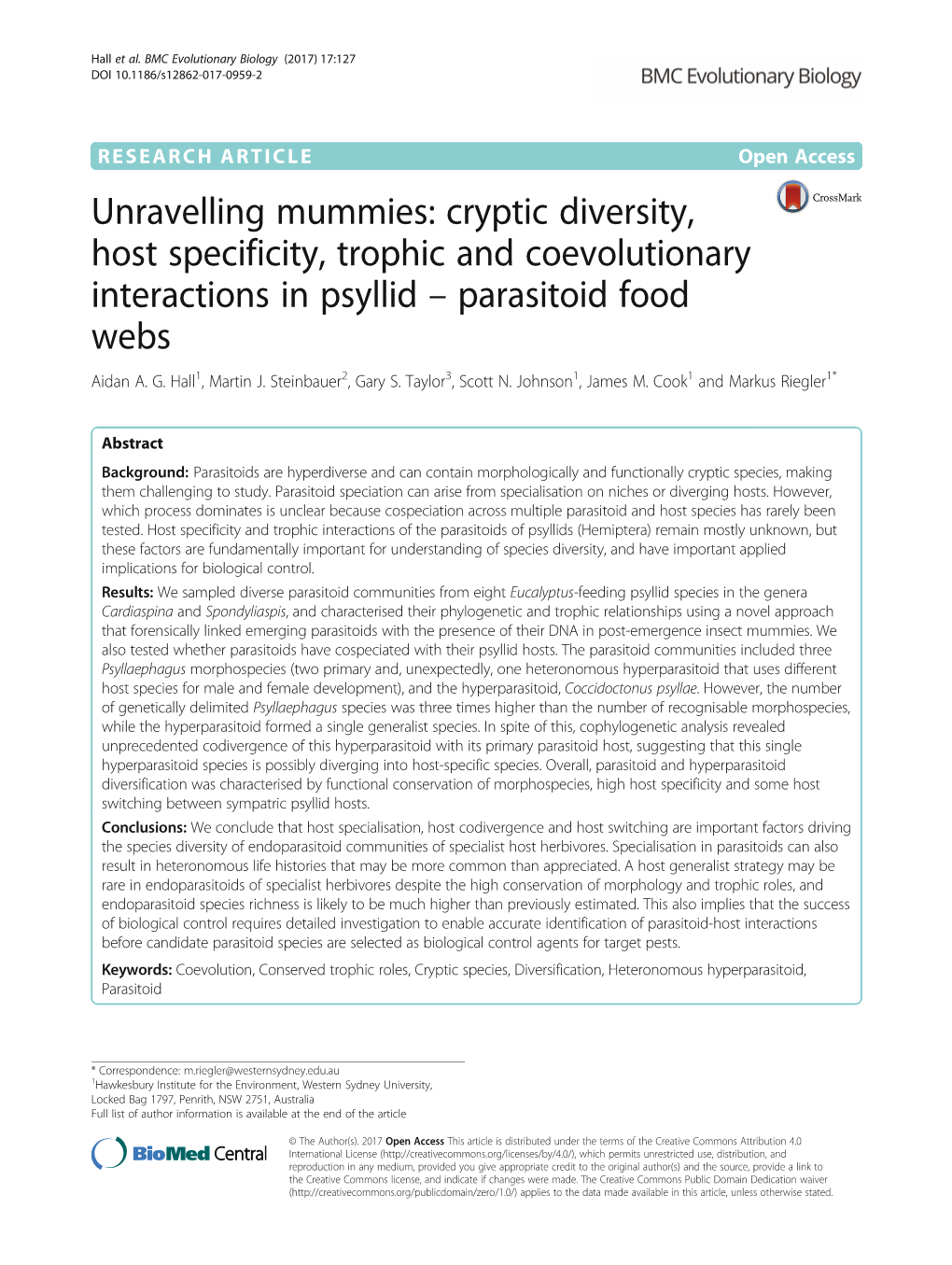 Unravelling Mummies: Cryptic Diversity, Host Specificity, Trophic and Coevolutionary Interactions in Psyllid – Parasitoid Food Webs Aidan A