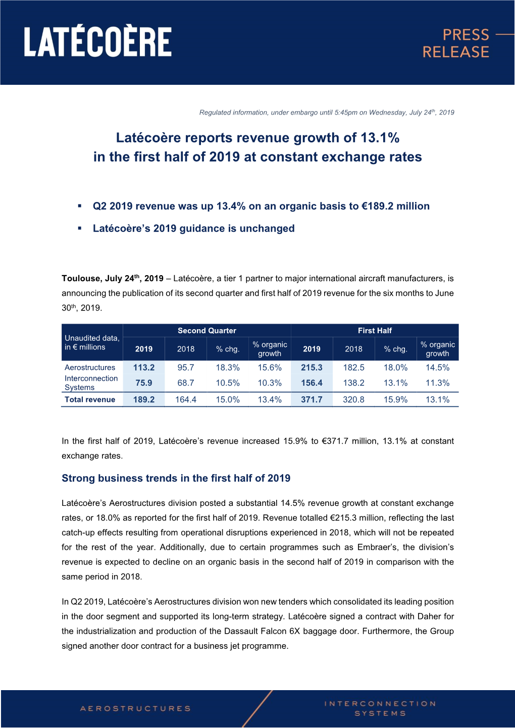 Latécoère Reports Revenue Growth of 13.1% in the First Half of 2019 at Constant Exchange Rates