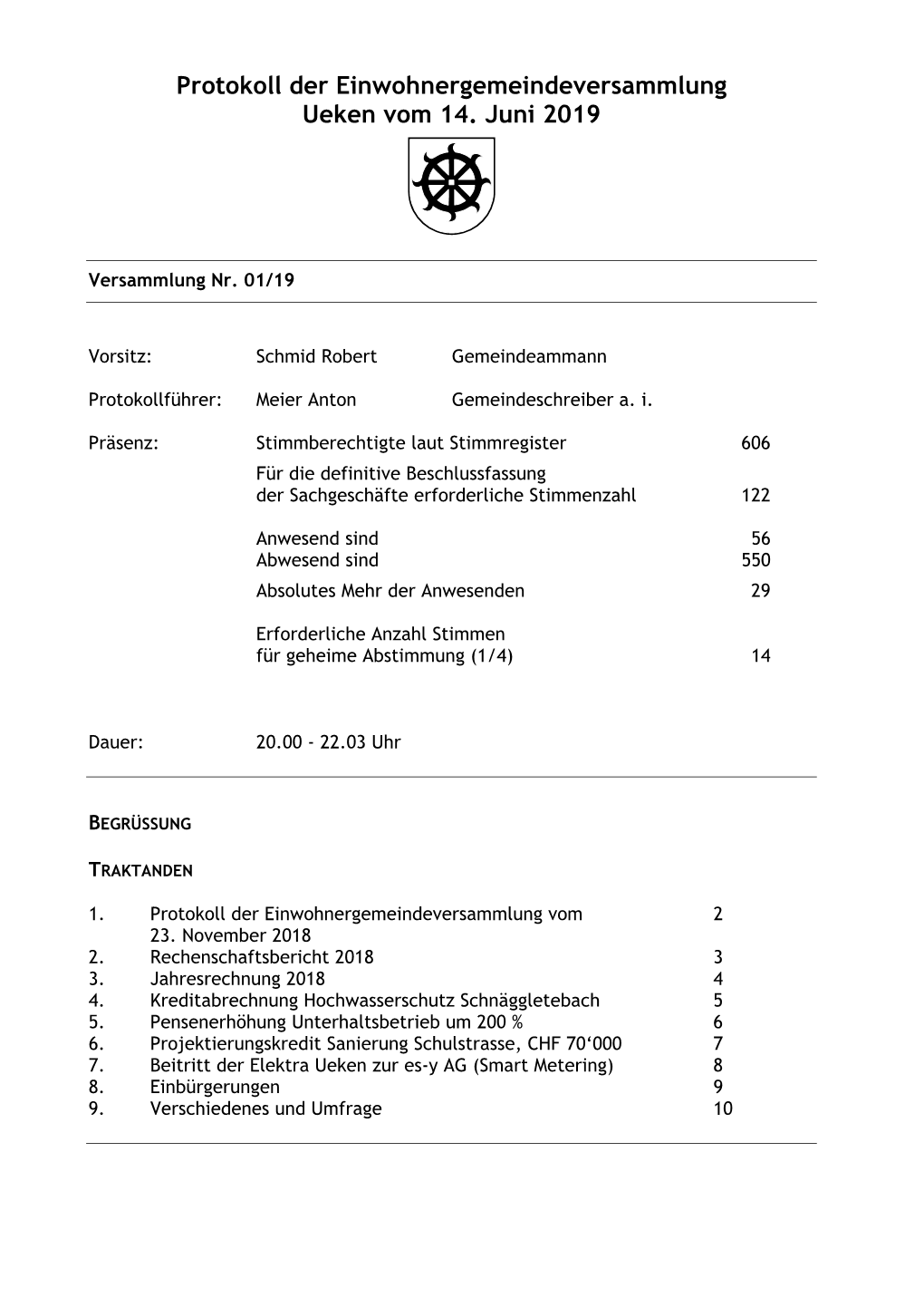 Protokoll Der Einwohnergemeindeversammlung Ueken Vom 14