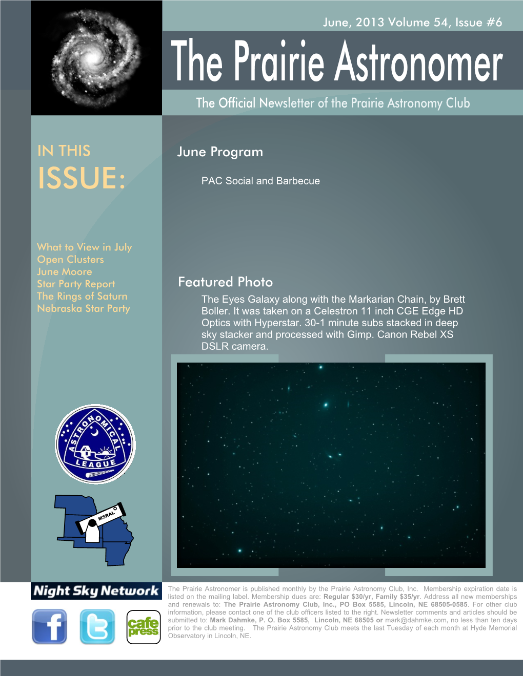 The Prairie Astronomer the Official Newsletter of the Prairie Astronomy Club