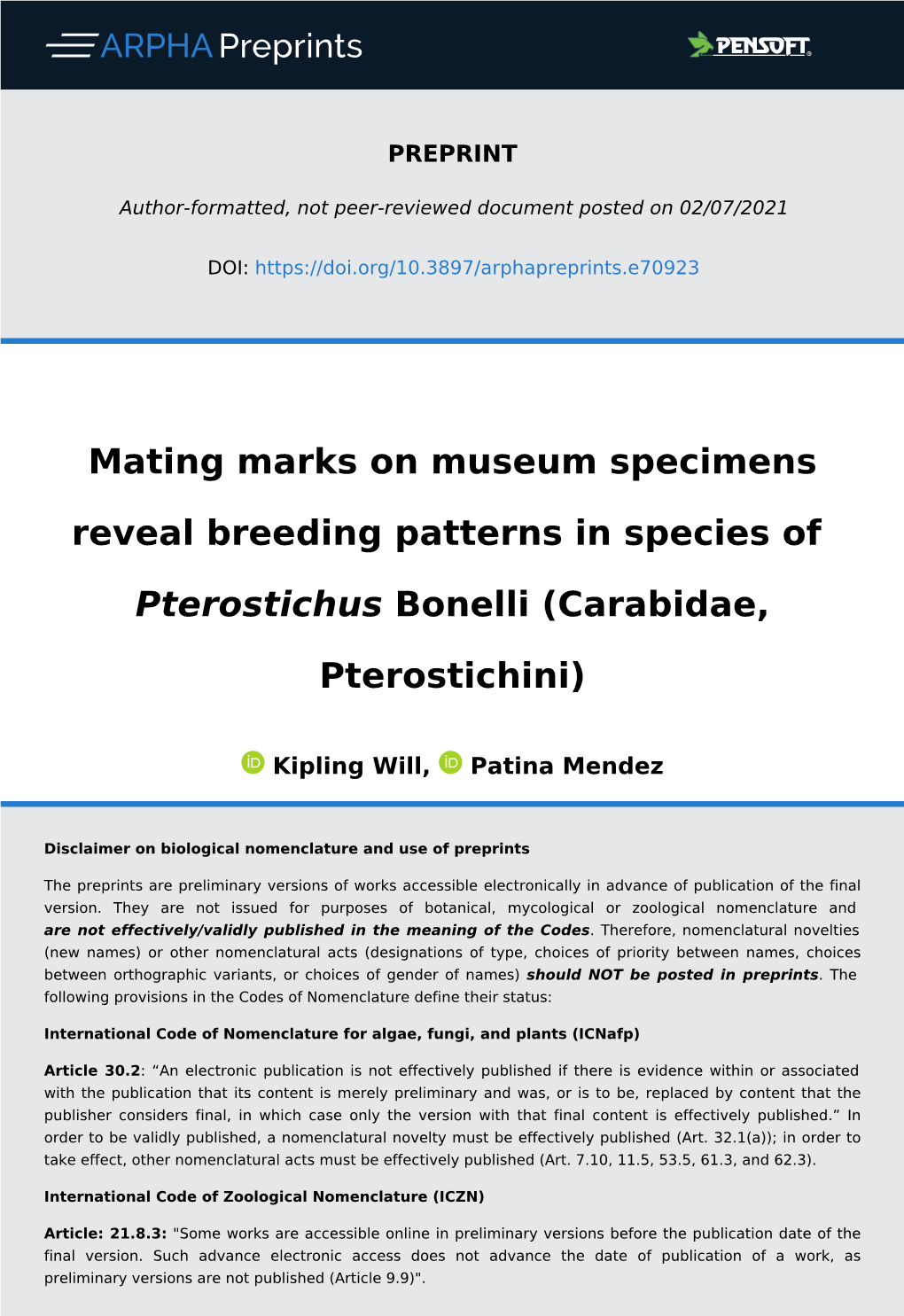 Mating Marks on Museum Specimens Reveal Breeding Patterns in Species of Pterostichus Bonelli (Carabidae, Pterostichini)