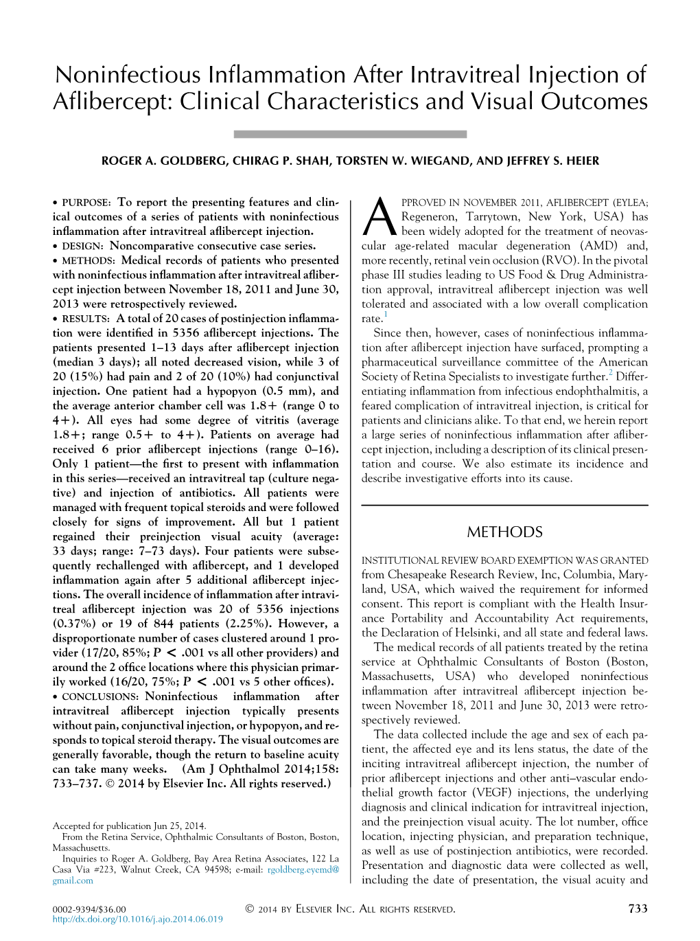 Noninfectious Inflammation After Intravitreal Injection of Aflibercept