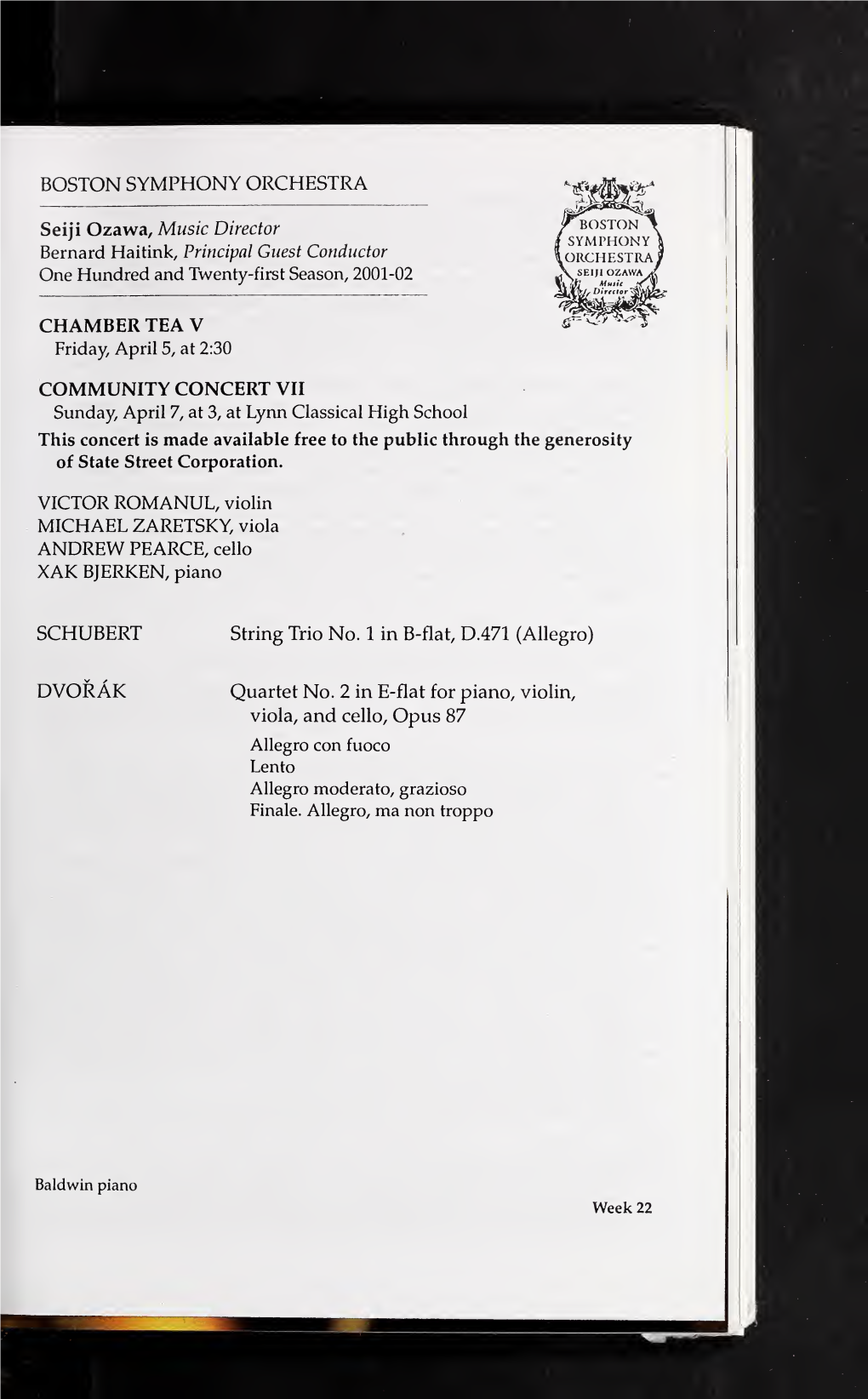 Boston Symphony Orchestra Concert Programs, Season 121, 2001-2002