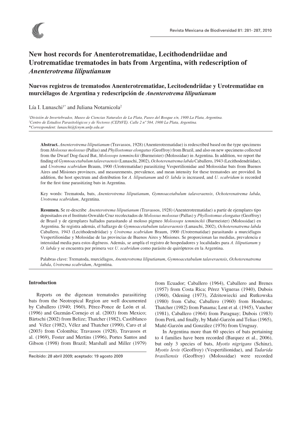 New Host Records for Anenterotrematidae, Lecithodendriidae and Urotrematidae Trematodes in Bats from Argentina, with Redescription of Anenterotrema Liliputianum