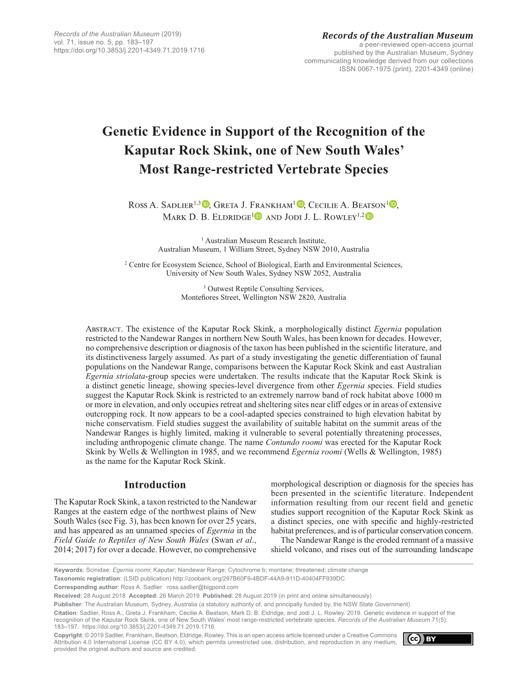 Genetic Evidence in Support of the Recognition of the Kaputar Rock Skink, One of New South Wales' Most Range-Restricted Verteb