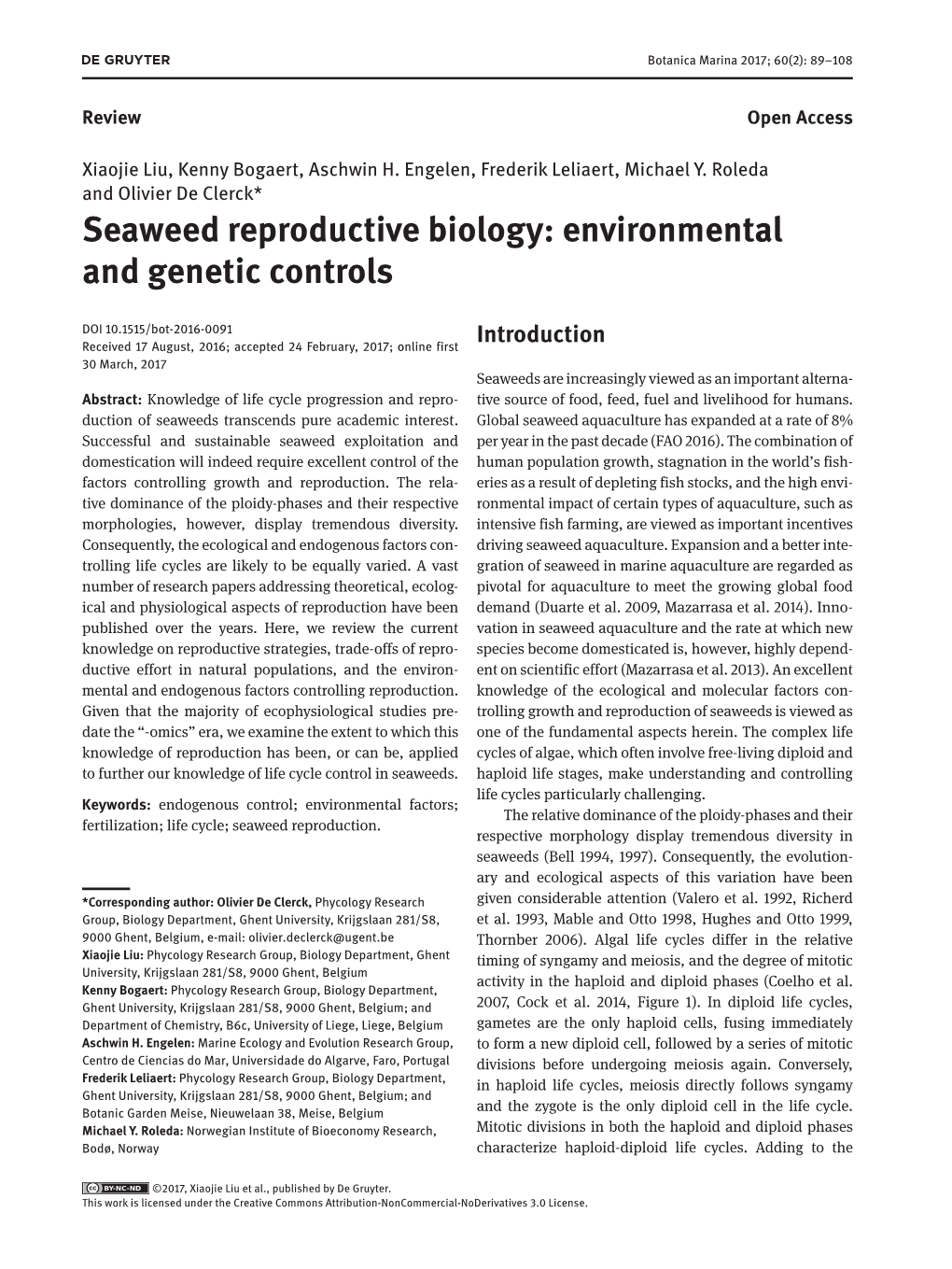 Seaweed Reproductive Biology: Environmental and Genetic Controls