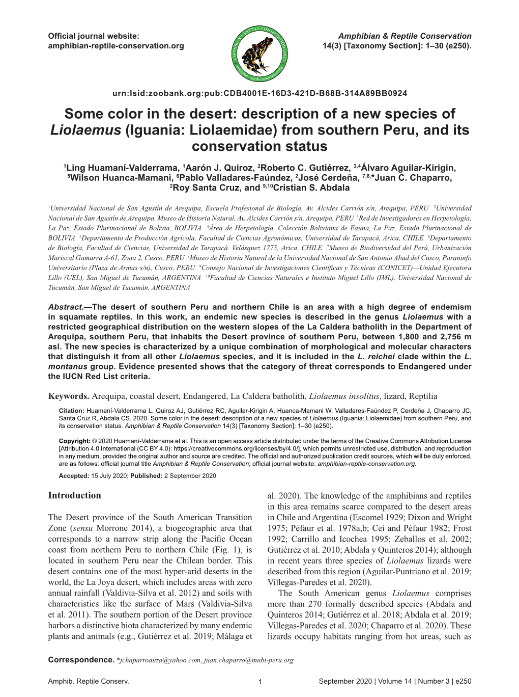 Description of a New Species of Liolaemus (Iguania: Liolaemidae) from Southern Peru, and Its Conservation Status 1Ling Huamaní-Valderrama, 1Aarón J