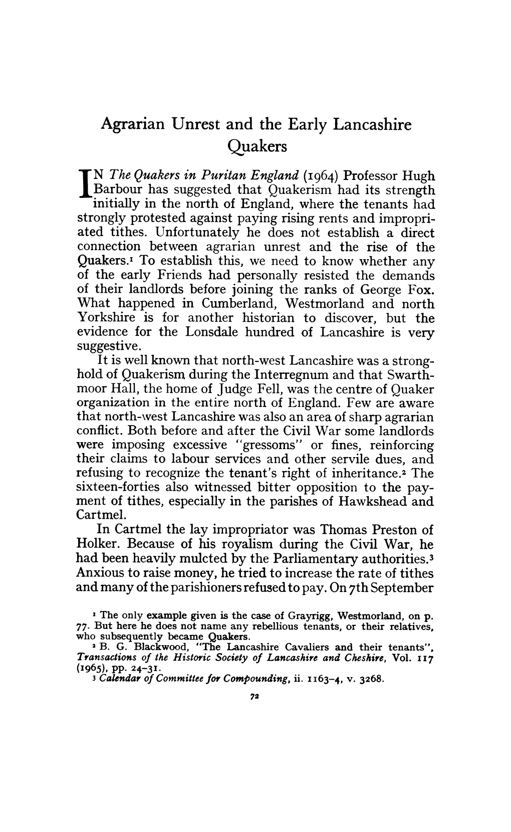 Agrarian Unrest and the Early Lancashire Quakers