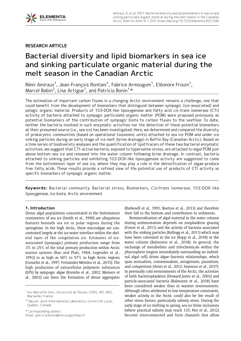 Bacterial Diversity and Lipid Biomarkers in Sea Ice and Sinking Particulate Organic Material During the Melt Season in the Canadian Arctic