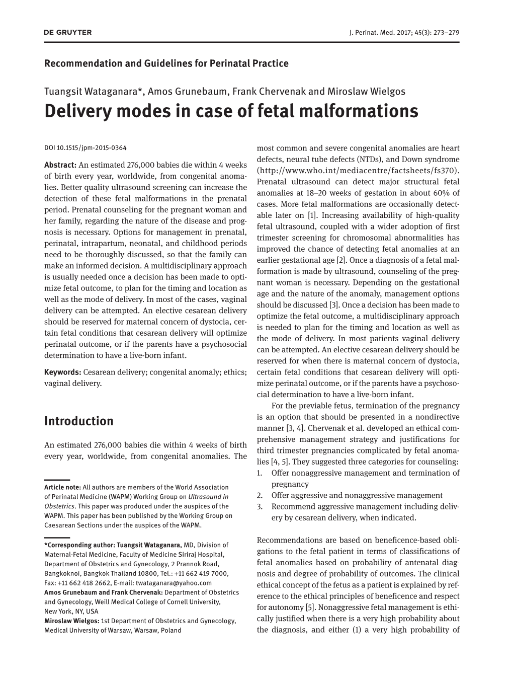 Delivery Modes in Case of Fetal Malformations
