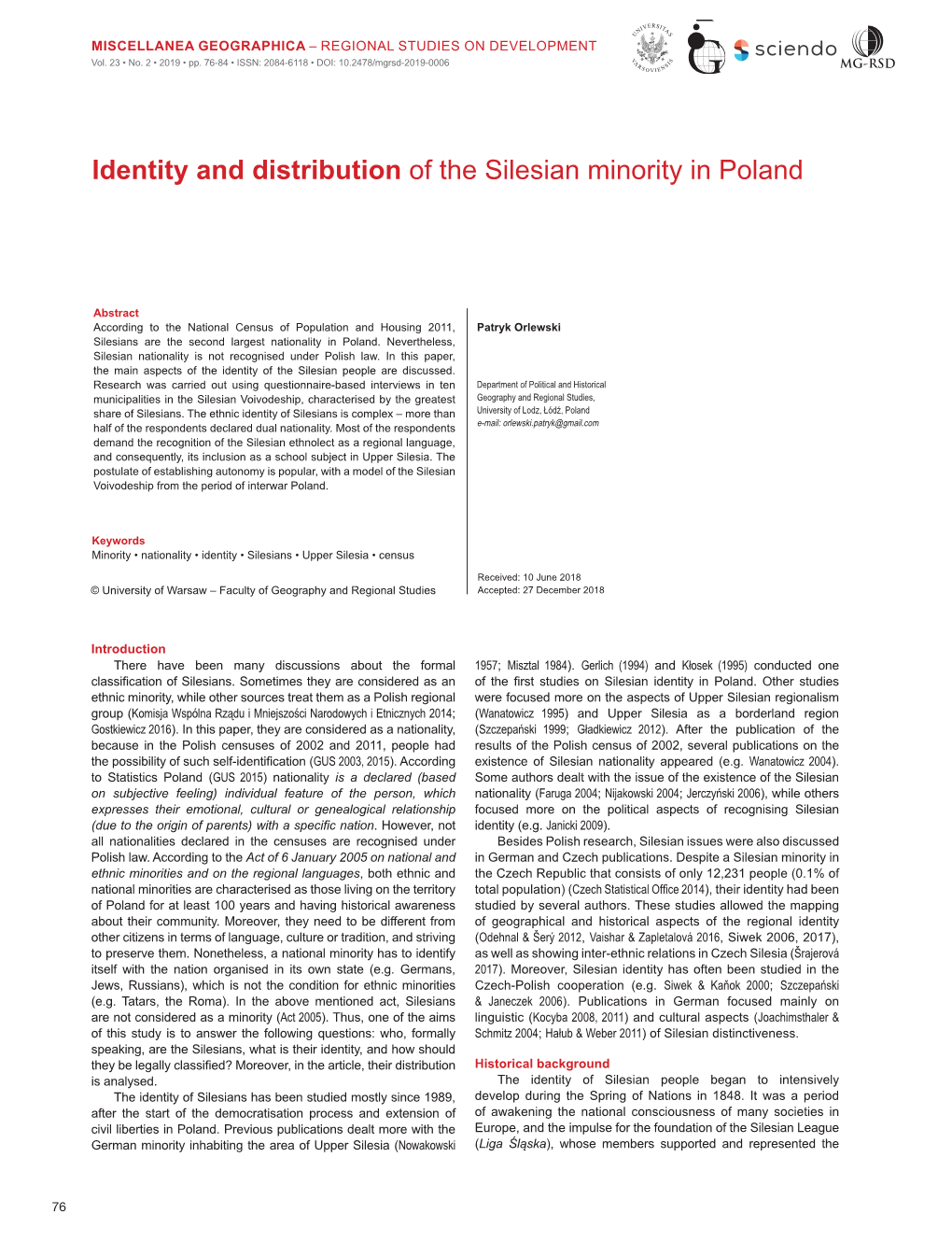 Identity and Distribution of the Silesian Minority in Poland