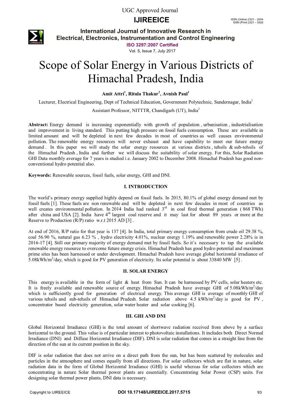 Scope of Solar Energy in Various Districts of Himachal Pradesh, India