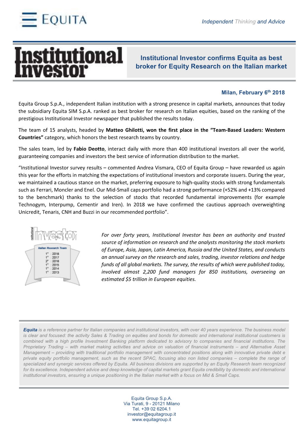 Institutional Investor Confirms Equita As Best Broker for Equity Research on the Italian Market