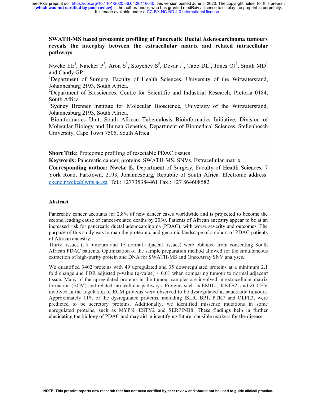 SWATH-MS Based Proteomic Profiling of Pancreatic Ductal Adenocarcinoma Tumours Reveals the Interplay Between the Extracellular M