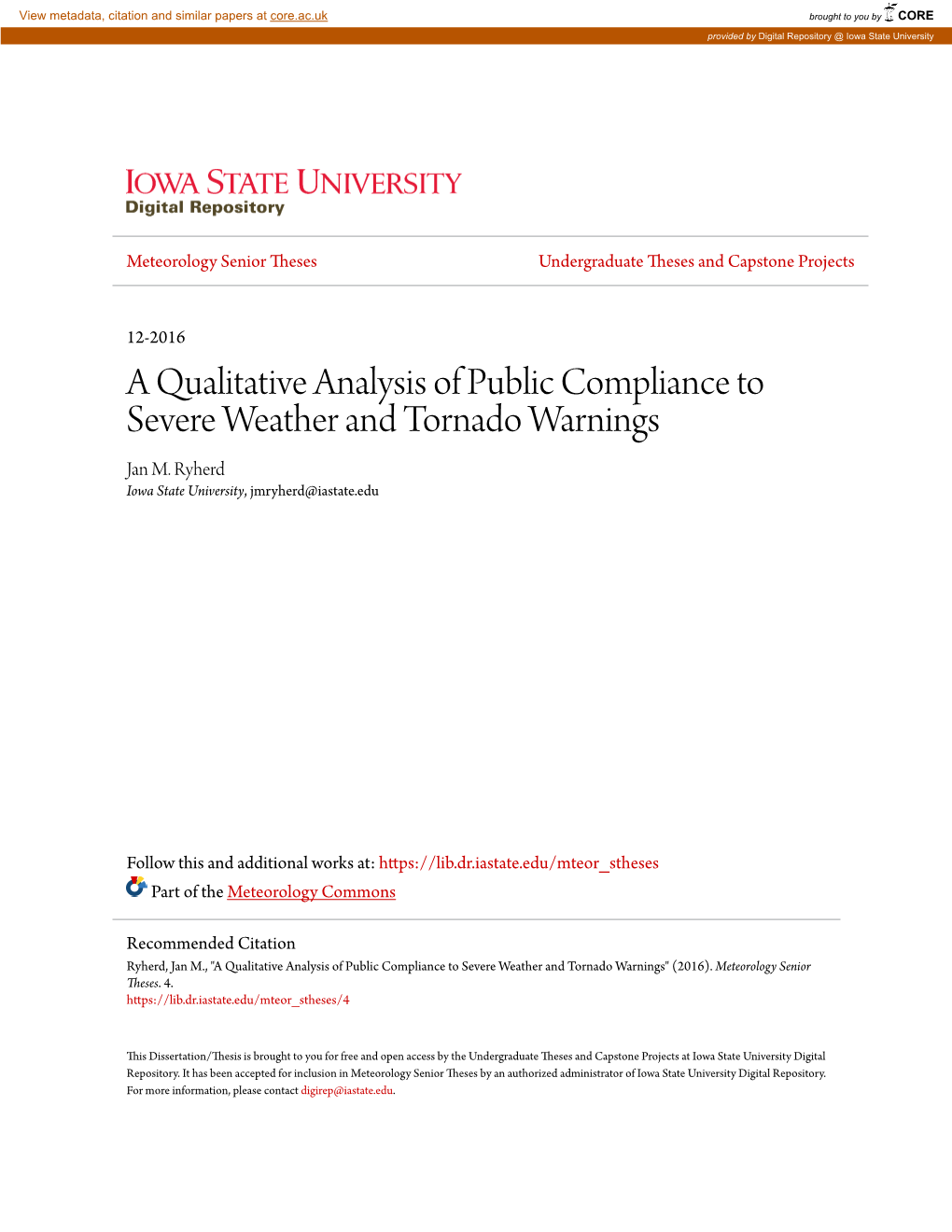 A Qualitative Analysis of Public Compliance to Severe Weather and Tornado Warnings Jan M