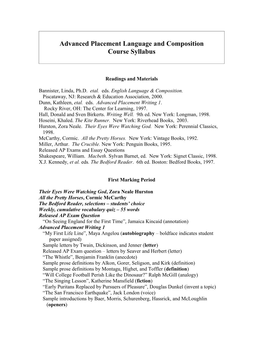 Advanced Placement Language And Composition