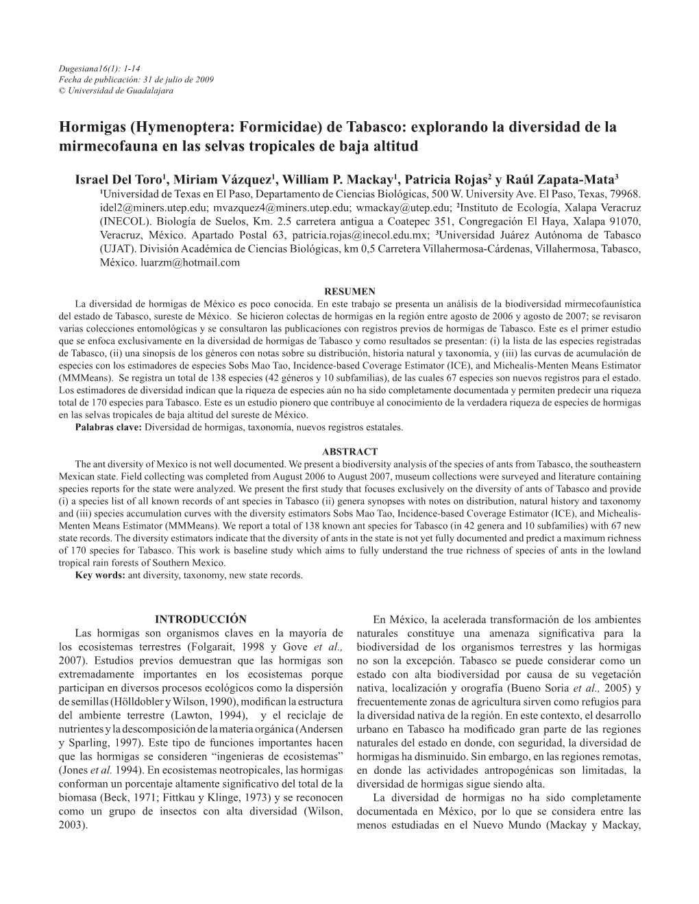 Hormigas (Hymenoptera: Formicidae) De Tabasco: Explorando La Diversidad De La Mirmecofauna En Las Selvas Tropicales De Baja Altitud