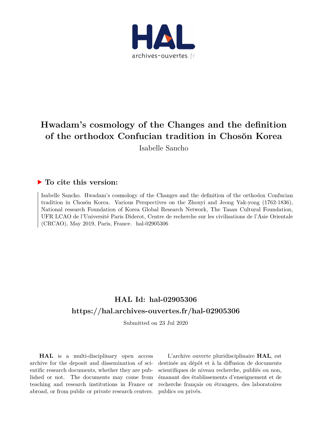 Hwadam's Cosmology of the Changes and the Definition of the Orthodox Confucian Tradition in Chosŏn Korea