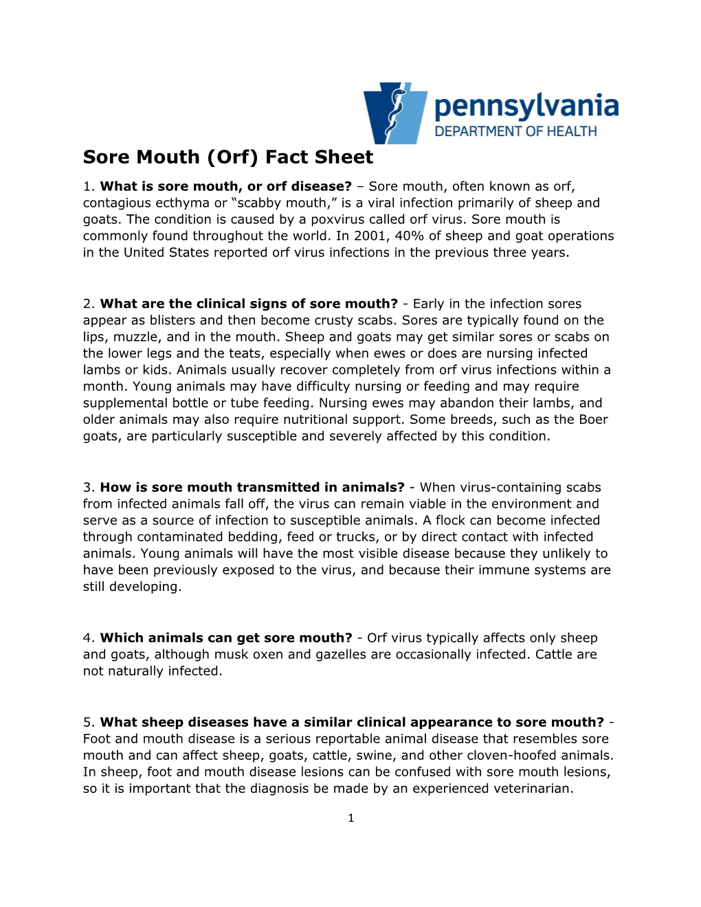 Sore Mouth (Orf) Fact Sheet