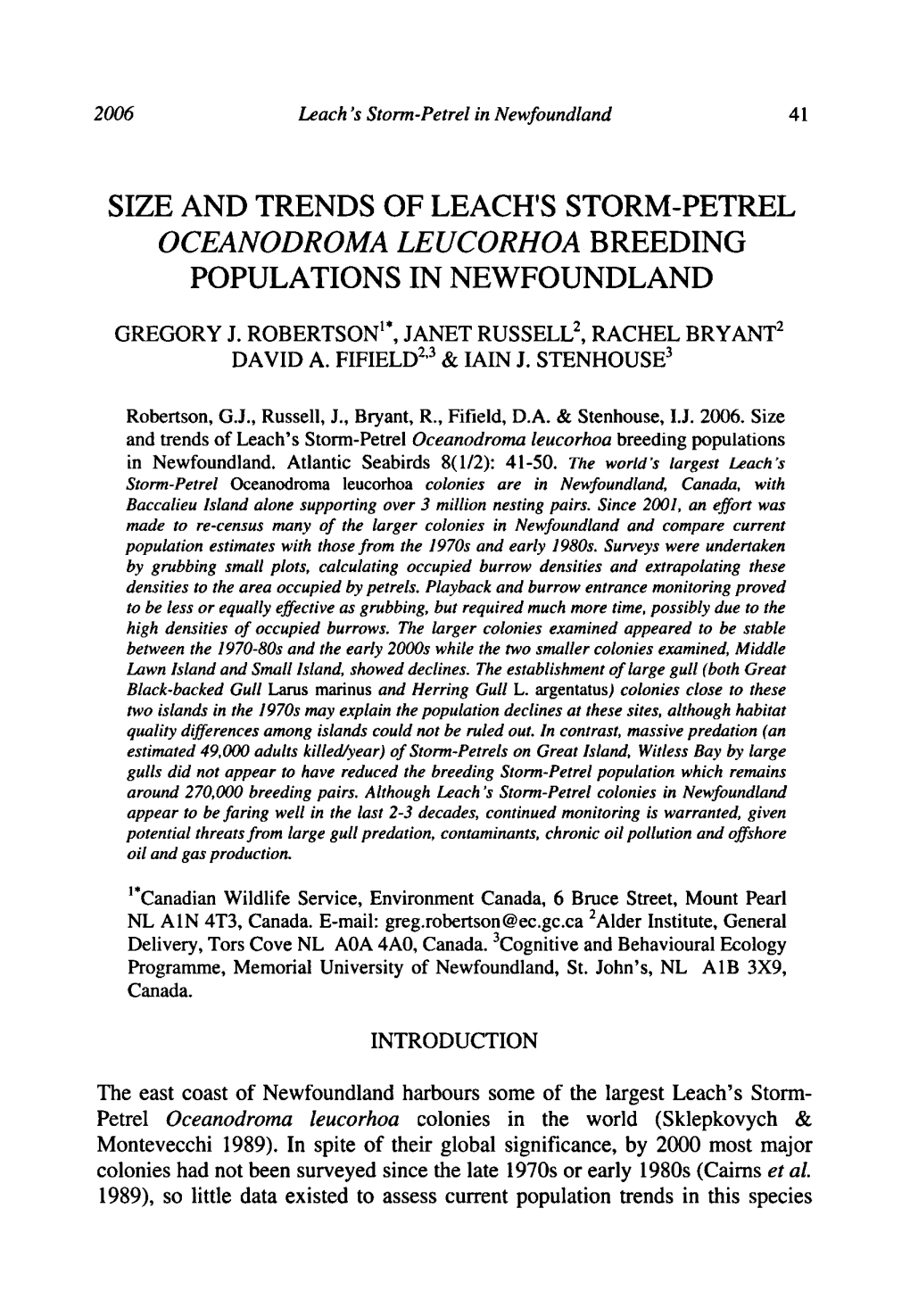 Size and Trends of Leach's Storm-Petrel Oceanodroma Leucorhoa Breeding Population in Newfoundland